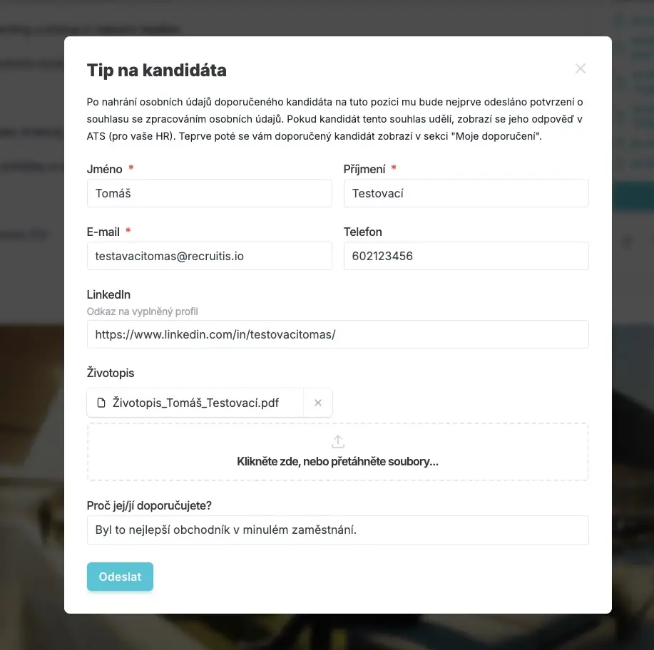 Candidate referral form in the referral program