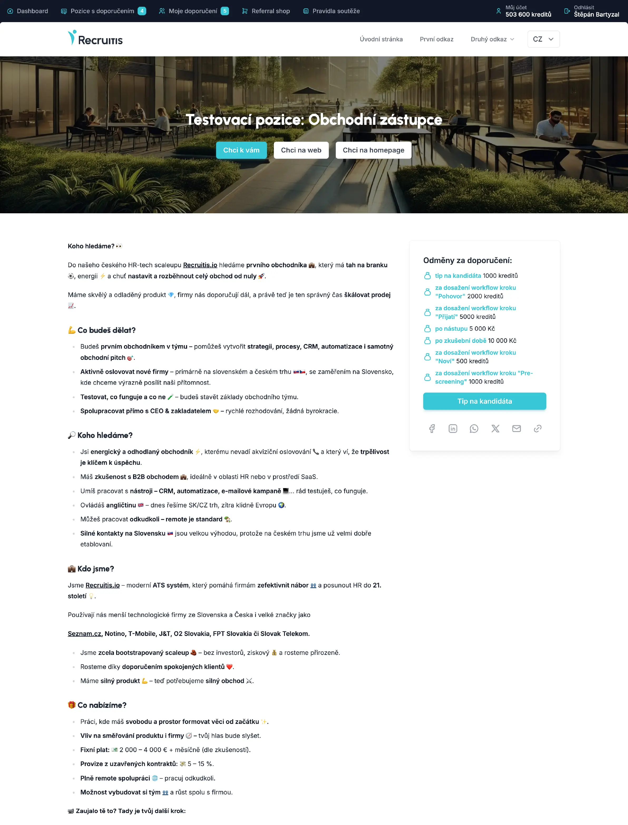 Job position detail with referral rewards in Recruitis