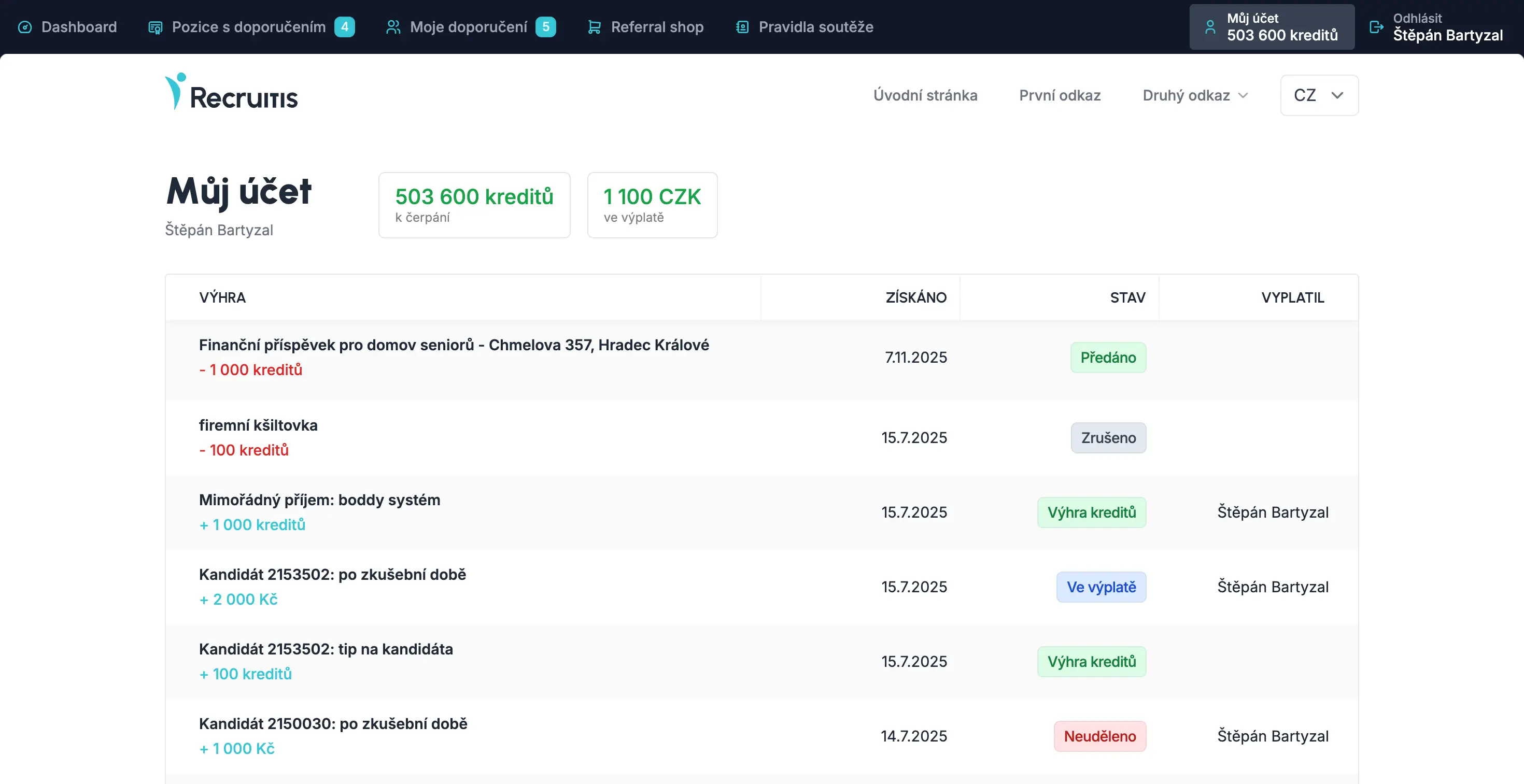 Employee wallet with overview of credits and rewards